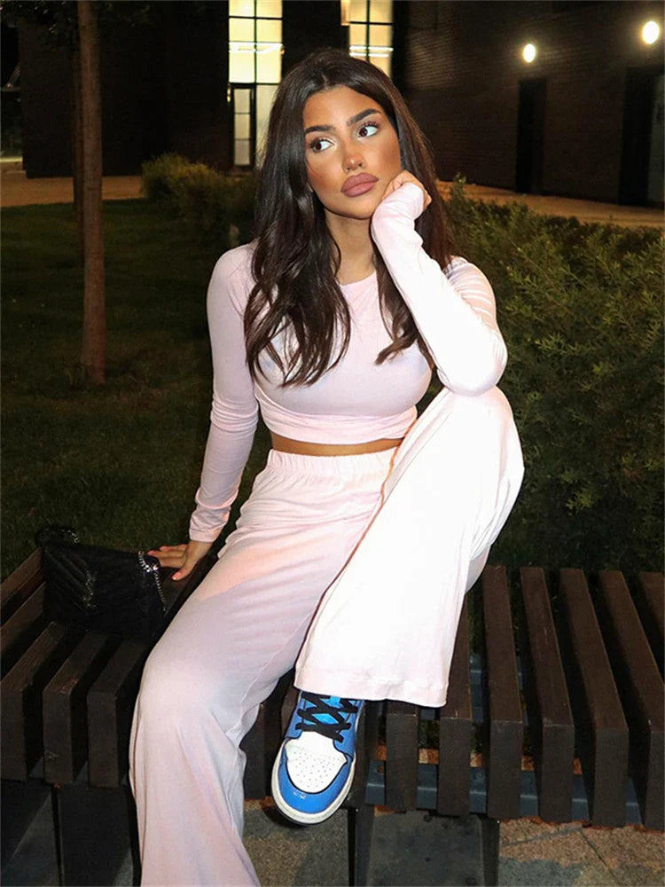 Basic Wide Leg Crew Neck Two Piece Pants Set