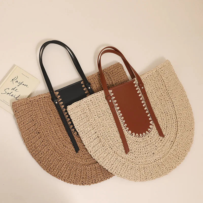 Lutie Colorblock Half Moon Straw Shoulder Bag