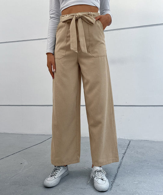 Solid Corduroy Belted Wide Leg Pants