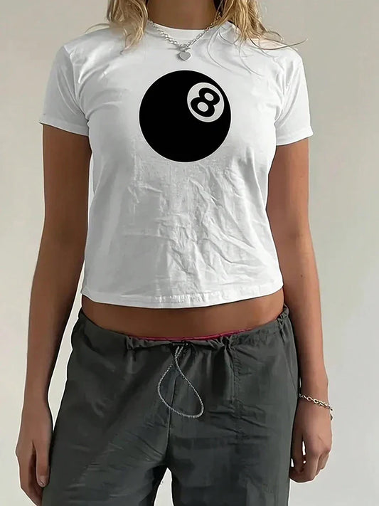Black Print O-Neck Slim Crop Top