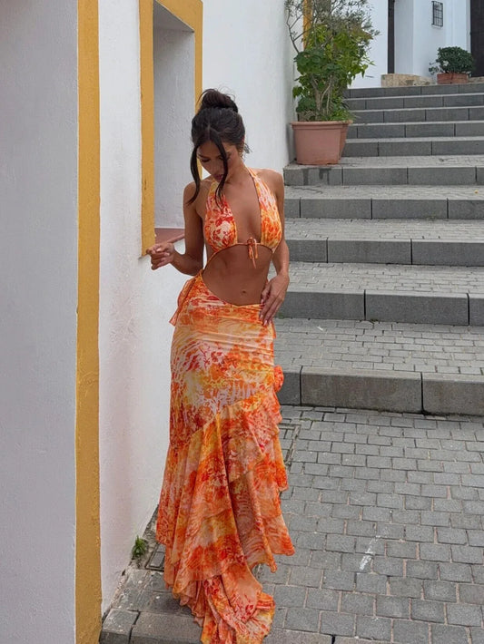 Vintage Print Cover Up Suspenders Three Piece Swim Sets