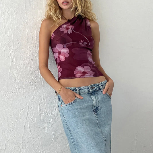 Y2K Vintage Ruched One Shoulder Flower Print Cami Top