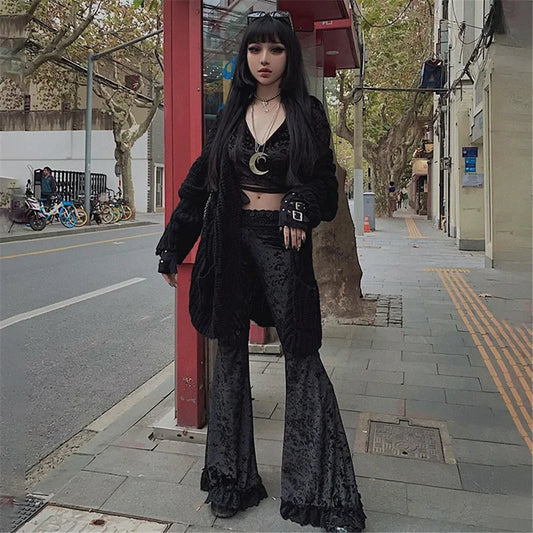 Patchwork Lace Solid Flare Gothic Dark High Waist Loose New Suede Pants