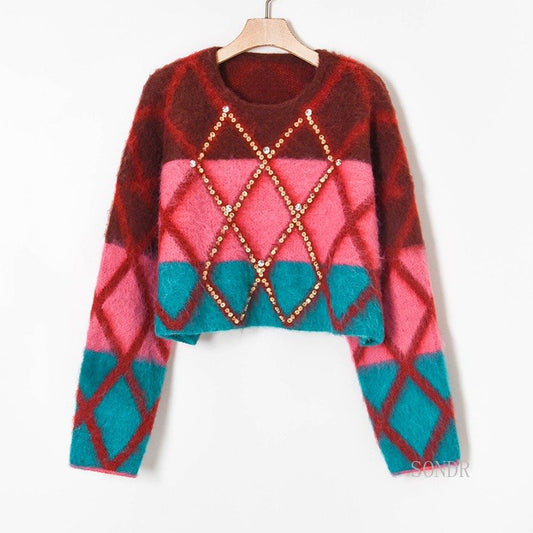 Sophia Lattice Embellished Cropped Sweater - 2 Colors