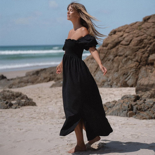 Summer Dresses For  Square Neck Smocked Short Puff Sleeve Vacation Beach Style
