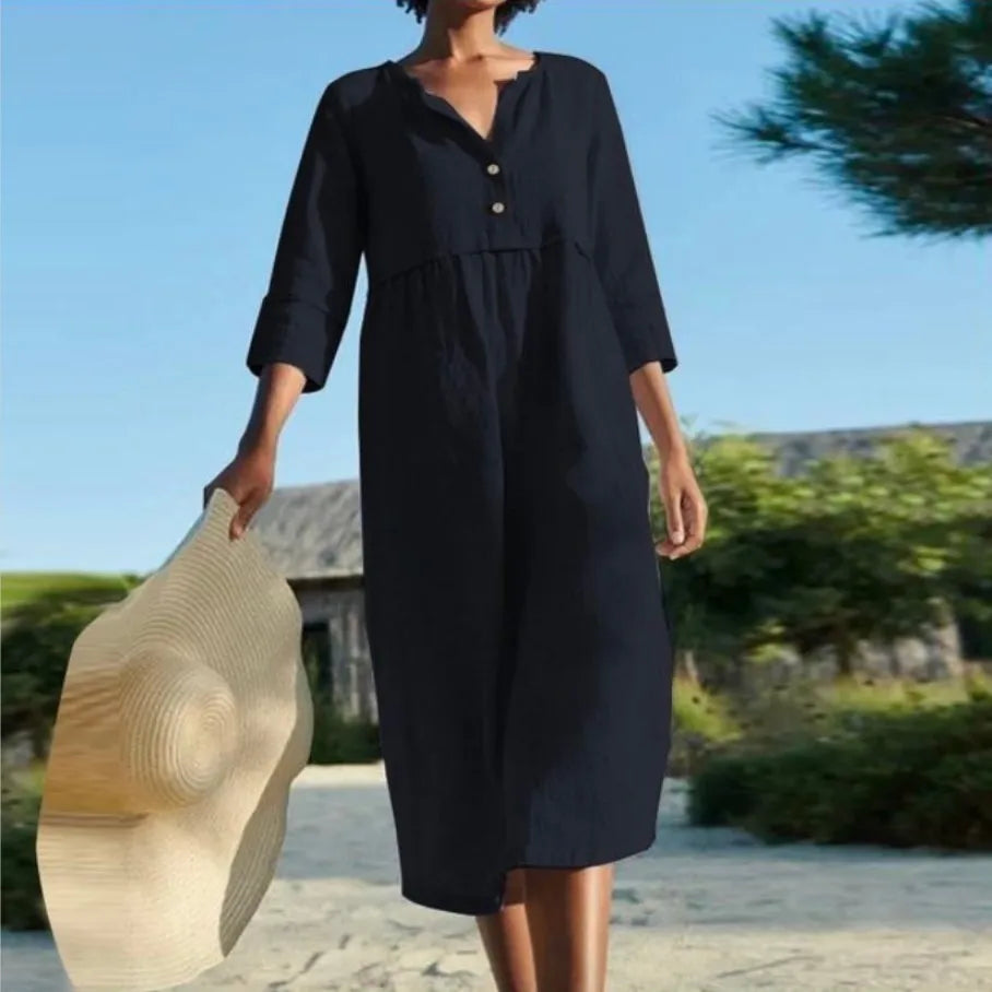 Solid Cotton Linen Half Sleeve Women's Boho Dress