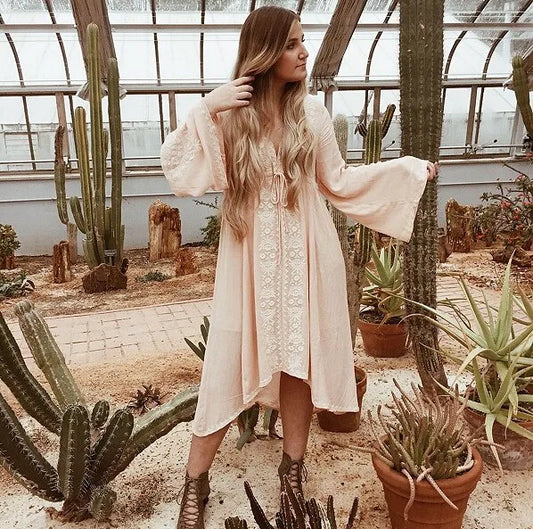 Floral Embroidered Cotton Long Boho Dress for Women