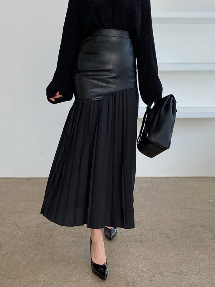 Tami Pleated Skirt with Faux Leather Patchwork - 2 Colors