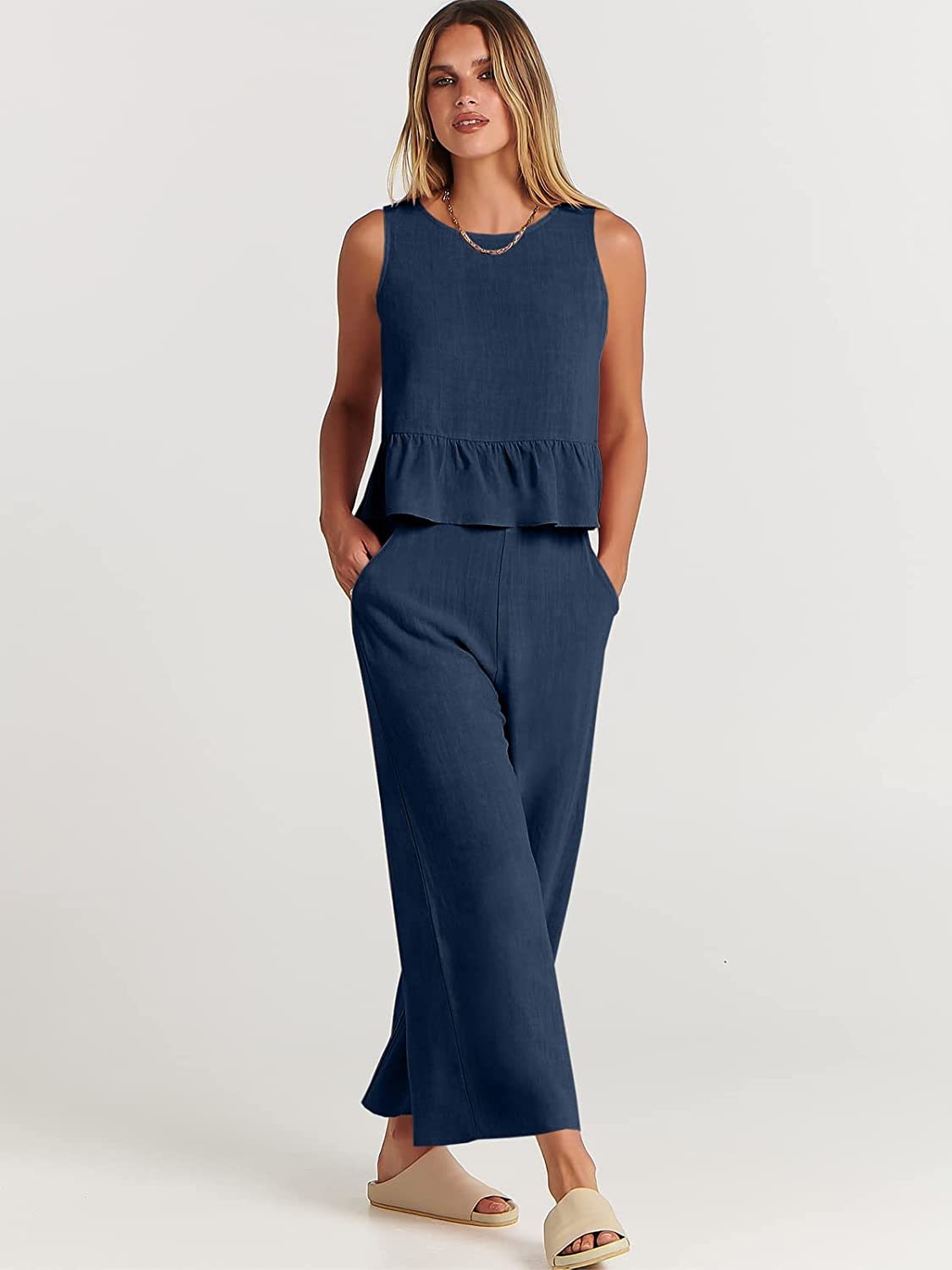 Valerina Casual Linen 2 Piece Top and Pants Set - 8 Colors