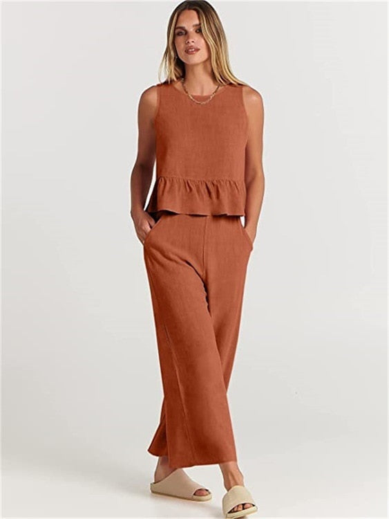 Valerina Casual Linen 2 Piece Top and Pants Set - 8 Colors