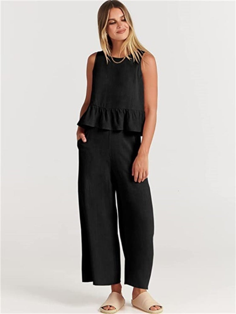 Valerina Casual Linen 2 Piece Top and Pants Set - 8 Colors