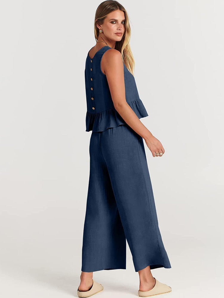 Valerina Casual Linen 2 Piece Top and Pants Set - 8 Colors