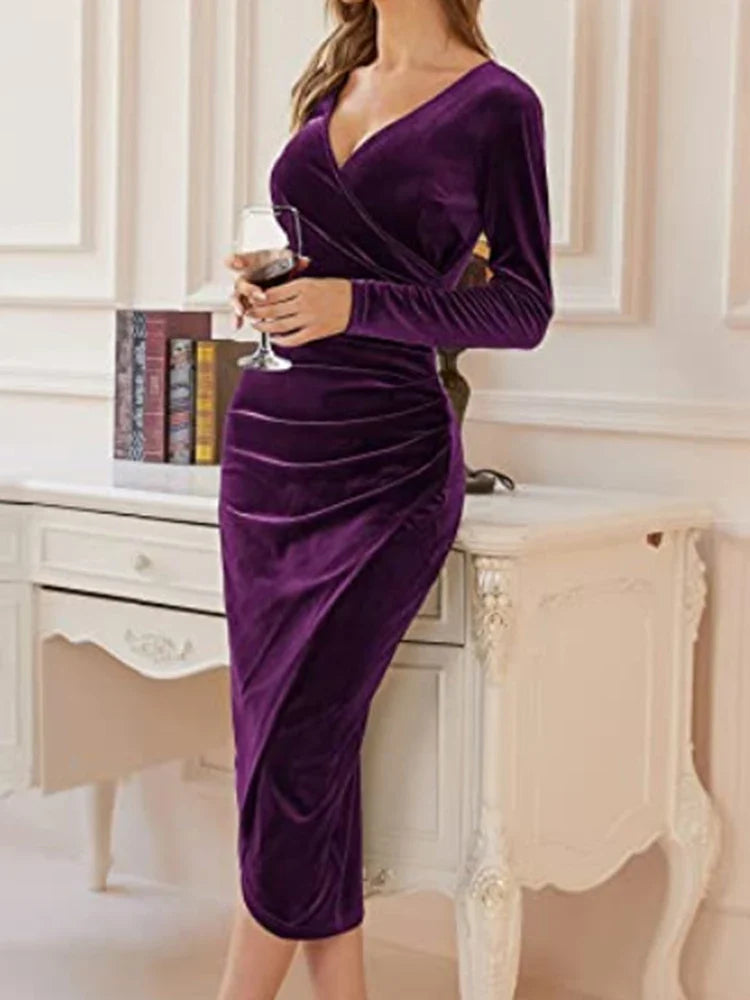 Velvet Split Ruched V-neck Midi Bodycon Dress