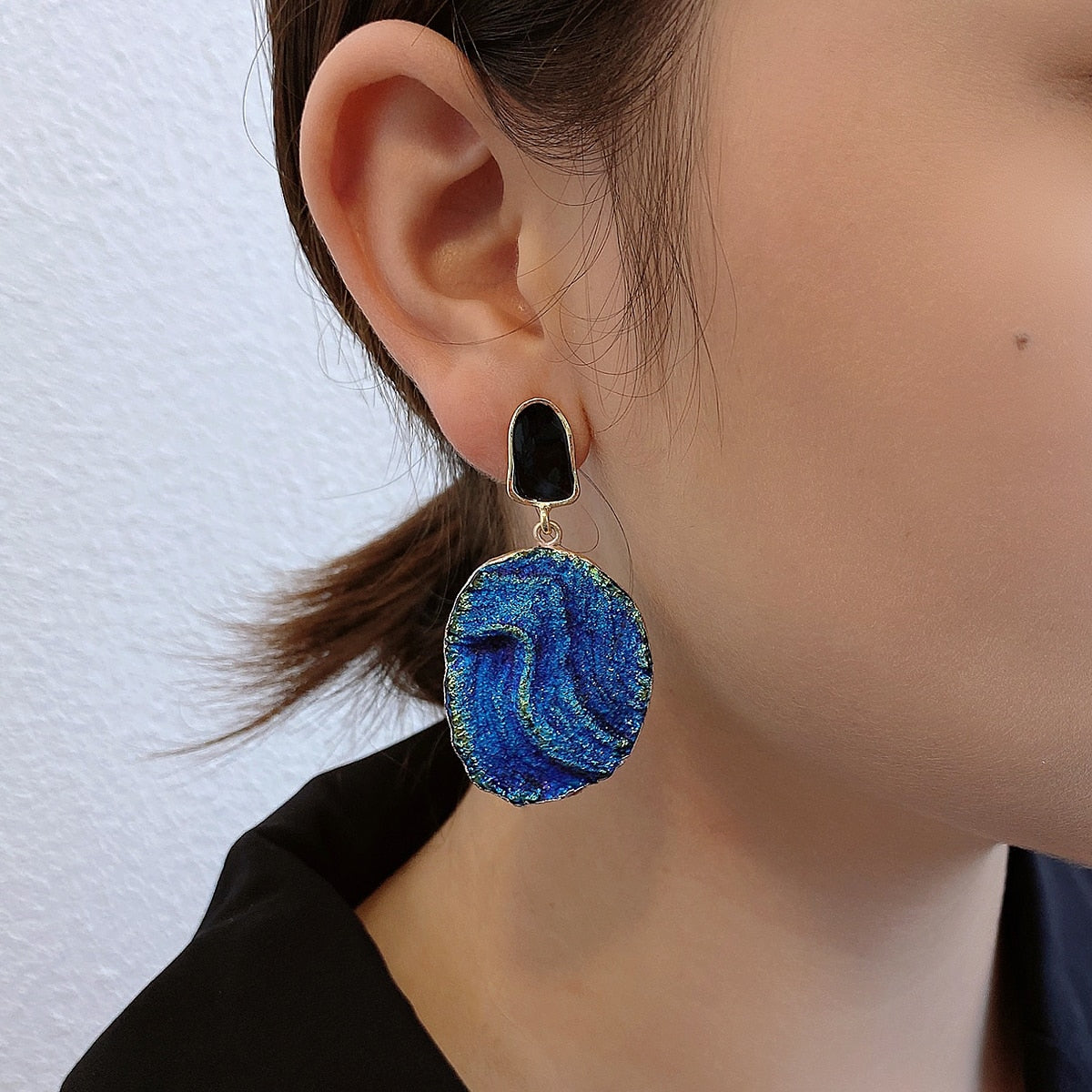 Vintage Blue Gemstone Resin Pendant Earrings - 2 Styles