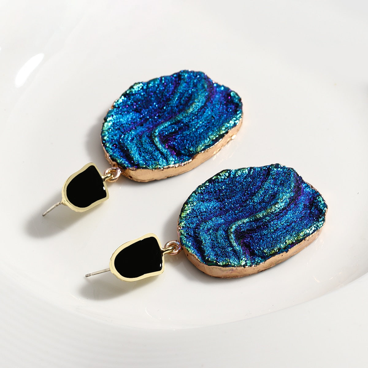 Vintage Blue Gemstone Resin Pendant Earrings - 2 Styles