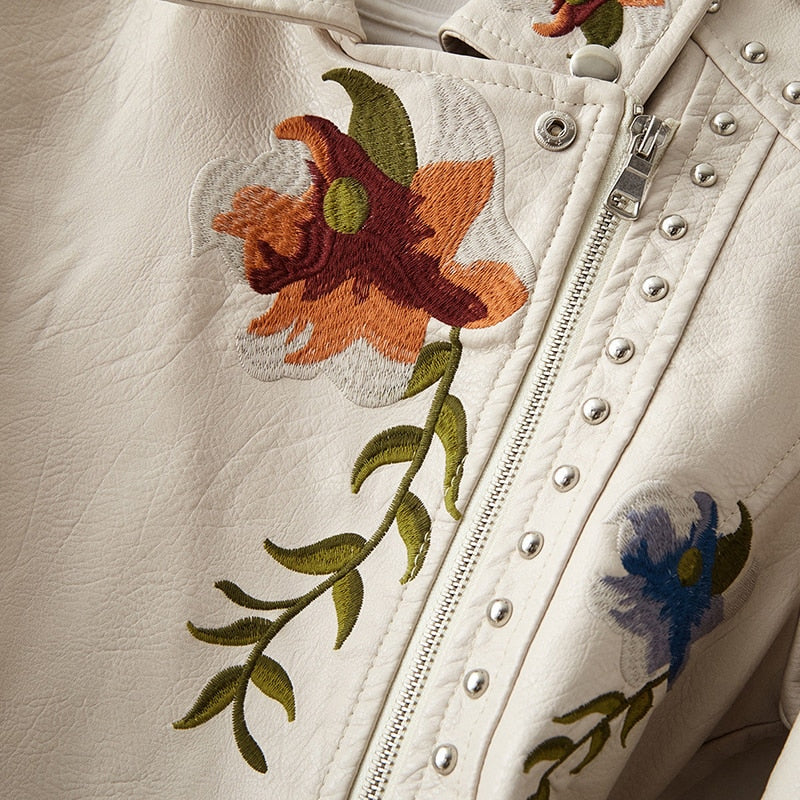 Vintage Floral Embroidery Faux Leather Moto Jackets