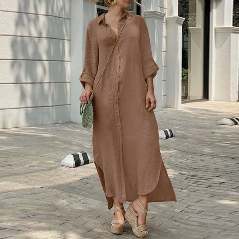 Vintage Solid Tunicas Lapel Button Up Boho Maxi Dress