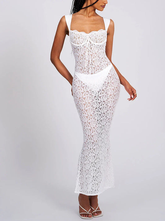 Elegant See-Through Backless Wedding Lace Dress
