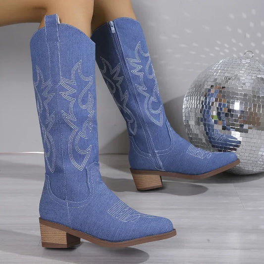 Chelsea Cowboy Zipper Chunky Heels Winter Fashion Knee High Boots