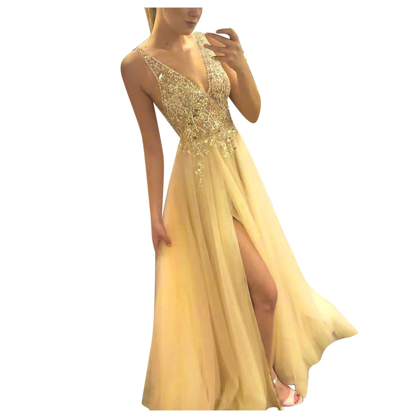 Deep V Neck Slim Waist Sequins Hollow Lace Party High Slits Mesh SunLong Dress