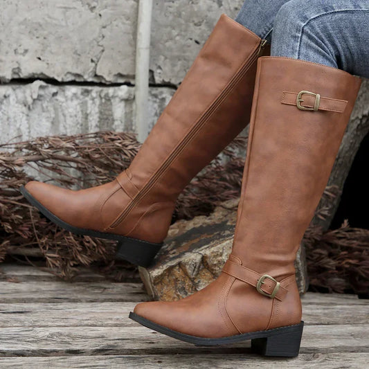 PU Leather Autumn Winter Round Toe Knight Platform Square Heel Knee High Boots