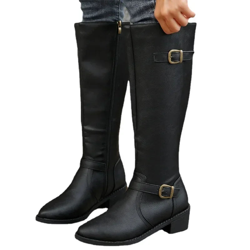 PU Leather Autumn Winter Round Toe Knight Platform Square Heel Knee High Boots
