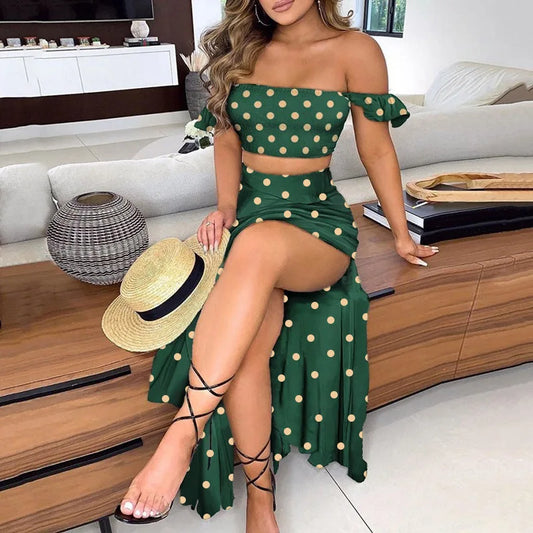 Summer Floral Print Elegant Off Shoulder Split Long Maxi Skirt