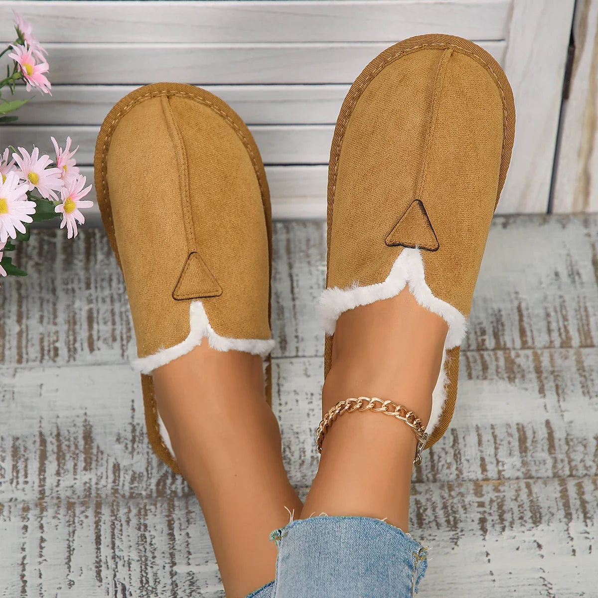 Warm Fur Cotton Slippers Flats Shoe Suede Winter Short Plush Luxury Fashion Casual Non-Slip Snow Boots Mujer Zapatos Mules