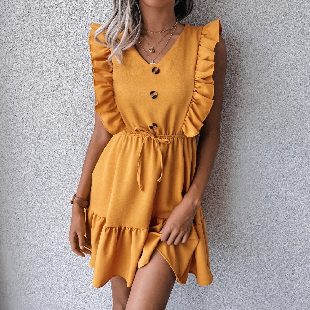 V Neck Ruffled Single Breasted Dress