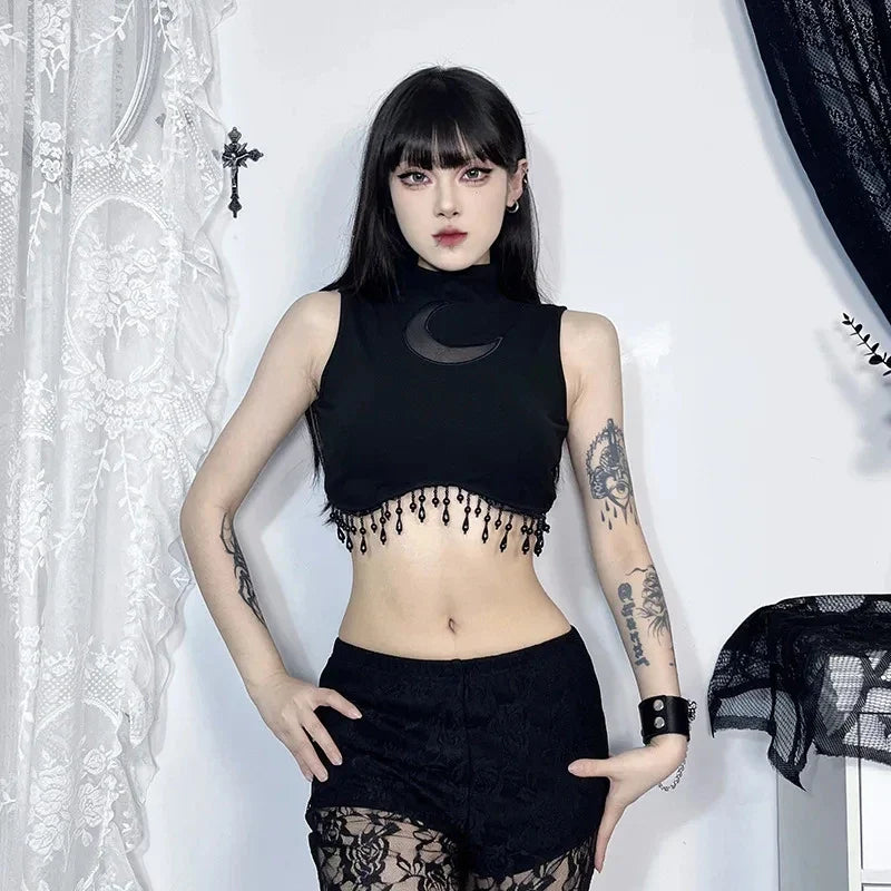 Y2K Goth Moon Lace See Through Vintage High Collar Sleeveless Tassels Crop Top