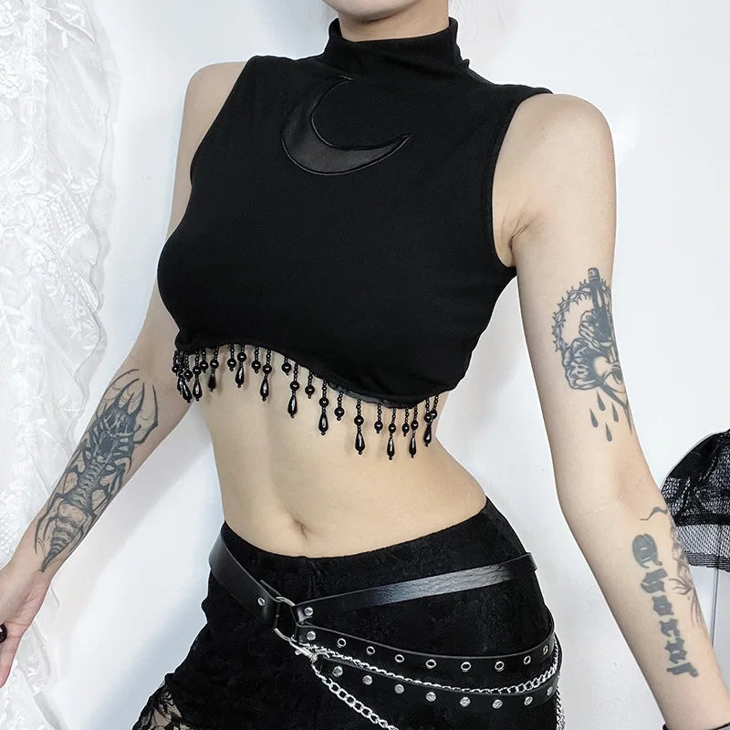 Y2K Goth Moon Lace See Through Vintage High Collar Sleeveless Tassels Crop Top