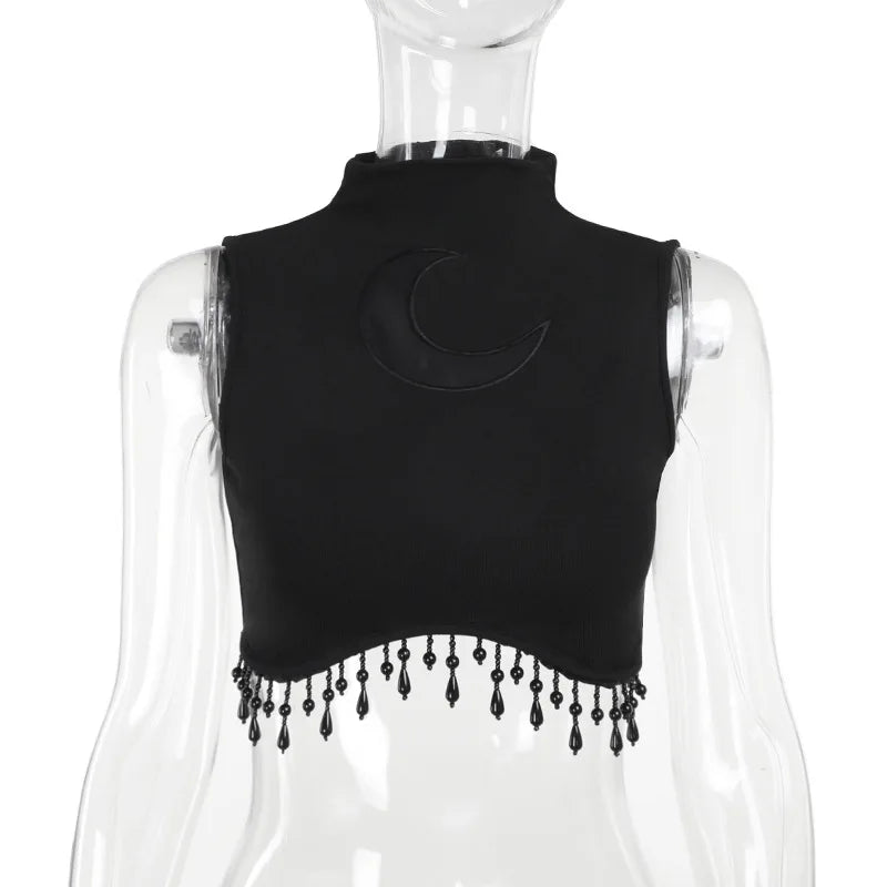 Y2K Goth Moon Lace See Through Vintage High Collar Sleeveless Tassels Crop Top