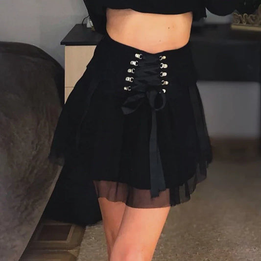 Y2k Vintage Dark Straps Female Style Ladies Harajuku Mesh Summer Streetwear Black High Waist A-Line Skirt