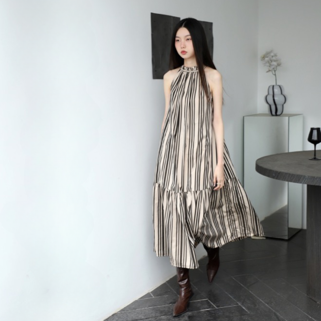 Yejin Vetical Stripe Halter Maxi Dress
