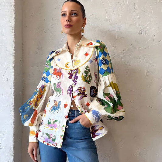 Yves Colorful Artwork Victorian Blouse