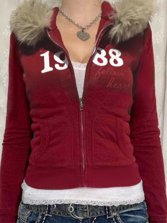 Red Vintage Digital Print Fur Oversized Hoodie