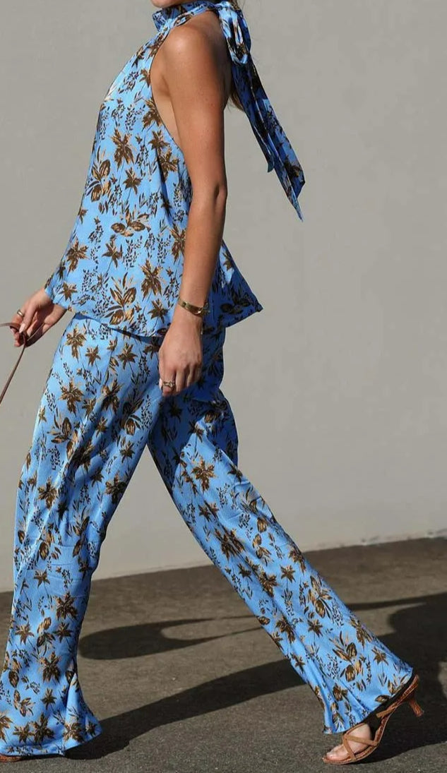 Blue Print Open Back Two Piece Pants Set
