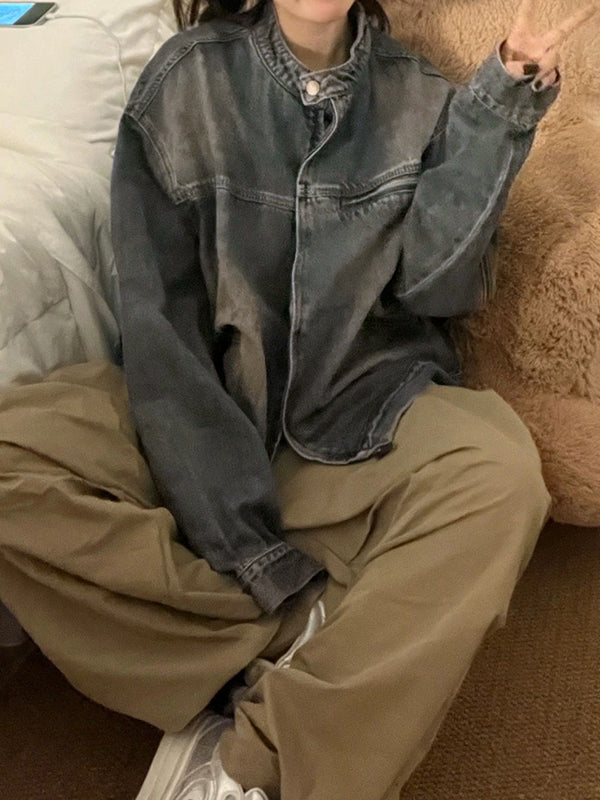 Retro Blue Distressed Zip Up Jacket