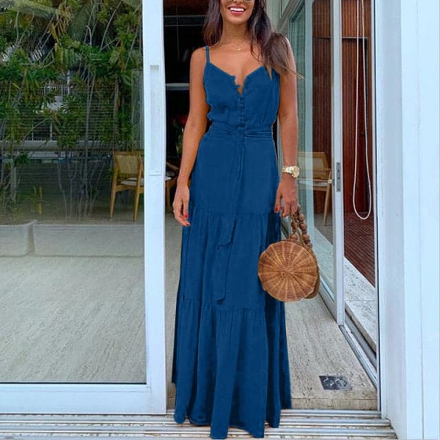 Elegant V Neck Tunic Ruffles Maxi Dress
