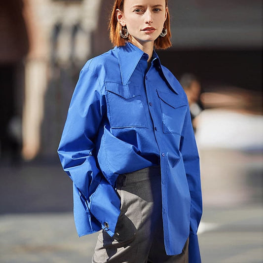 Royal Blue Shirt Lapel Blouse Feminina Fashion Safari Style Spring Summer Top