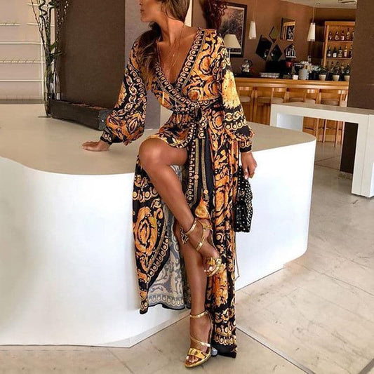 Boat Neck Glitter Deep V Neck Print Party Dress