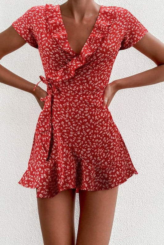 Summer Women's Floal A-Line Dress Sweet Elegant Floral Ruffles V-neck Bandage Short Dress for Lady Chic Flowers Mini Dress