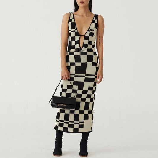 Backless Plaid Print Spaghetti Strap Hollow Out Vestidos Dresses