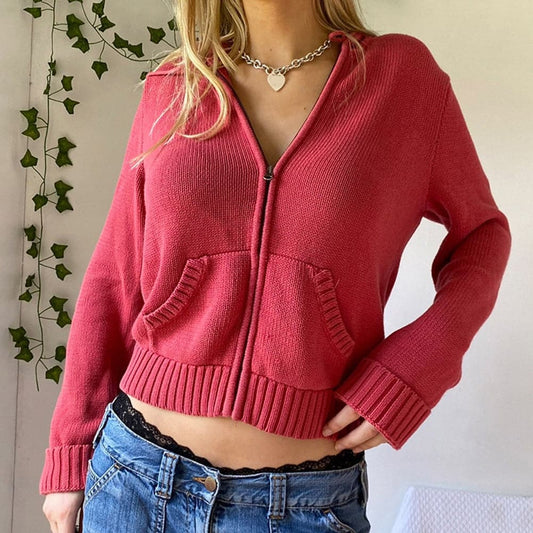 Vintage Braun Solide Mit Pullover Frauen Herbst Winter Laterne Sleeve Zip Up Jacke Strickjacke Hoodies
