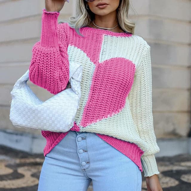 Elegant O Neck Love Print Patchwork Knitted Sweater