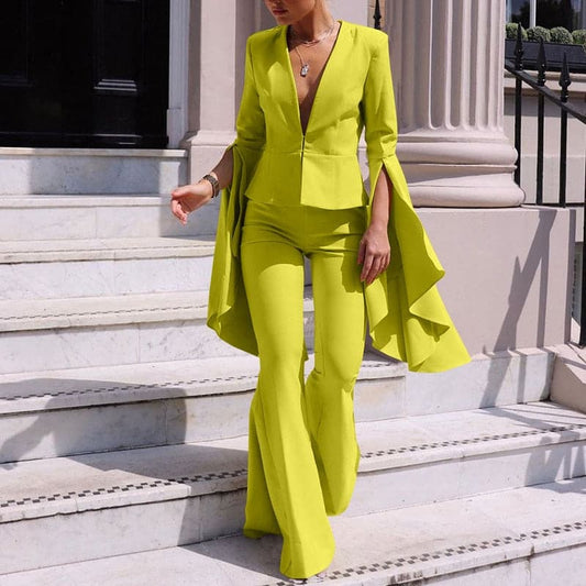 V-Neck Casual Office Flare Pants Suits