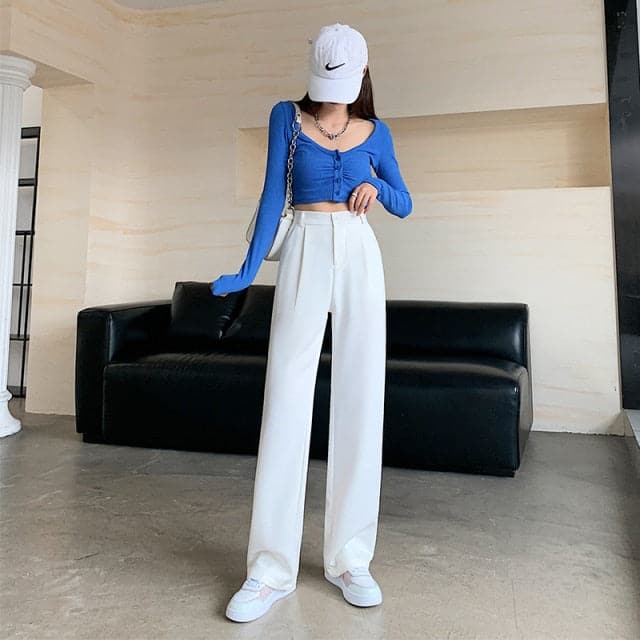 High Waist Floor-Length Suits Pants Autumn Winter White Loose Wide Leg Pants Female Office Ladies Straight Long Trousers