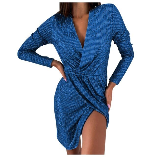 New Solid Color V-neck Mesh Stitching Hem Slit Dress