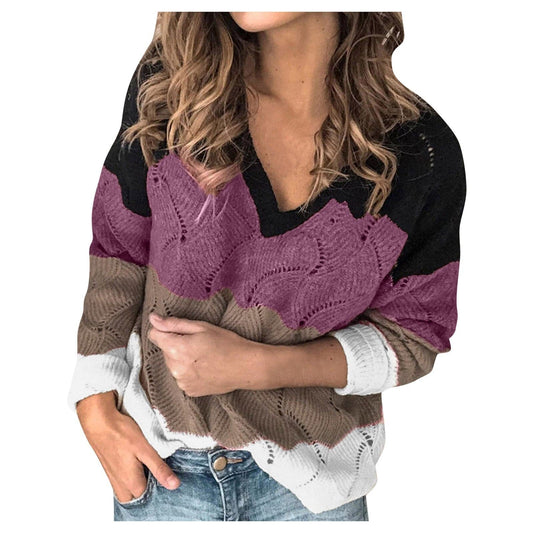 Color Block Stripe V-Neck Sweater Long Sleeve Knit Pullover FallWinter Fashion Sweatshirt Top Sweater Tops