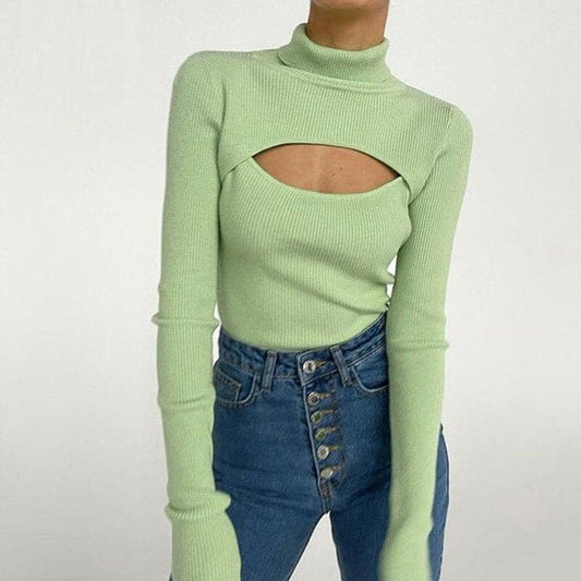 Women's Long Sleeve Slim Turtleneck Pullovers Autumn New Solid Hollow Out Fashion Sweater Ladies  Ofiice Lady Clothes
